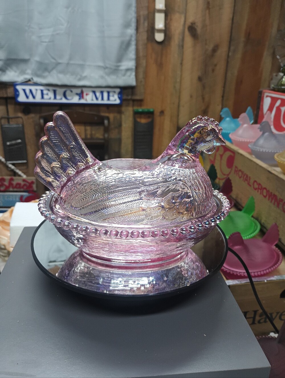 Iridescent  Lavender Carnival Glass Hen On Nest 7"   - Vintage Style